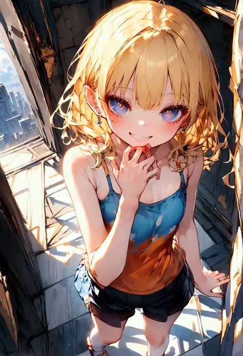 RAW, score_9, score_8_up, score_7_up, 1girl,girl,little_girl,loli,kawaii,sister,fair_skin,petite,slender face,blonde hair,twintails,black eyes,pupils,camisole,dolfin_shorts,giggling,grin,standing,covering_mouth,incredibly absurdres,indoor,floor,from_above,...