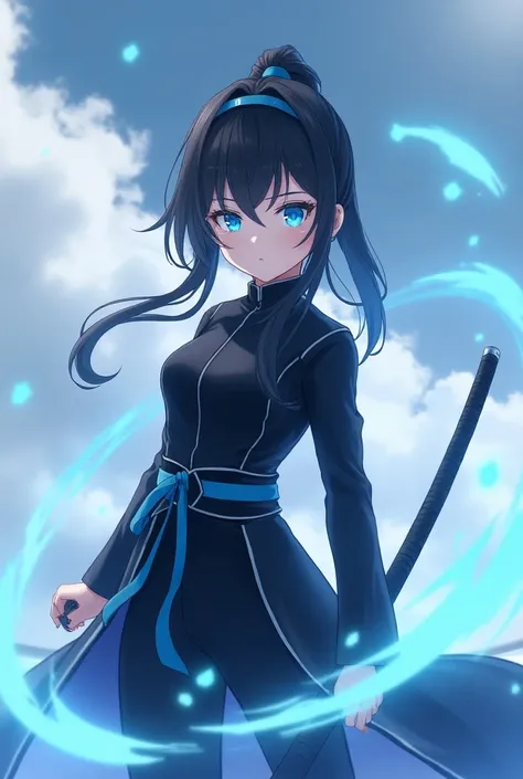 Demon Slayer Korean characters cute woman shiny dark blue natural cloud breathing katana cloud Aoi dark blue eyes equal to Tokito uniform black demon Slayer equal to chinobu snow-white skin 
Make it look like Tokito