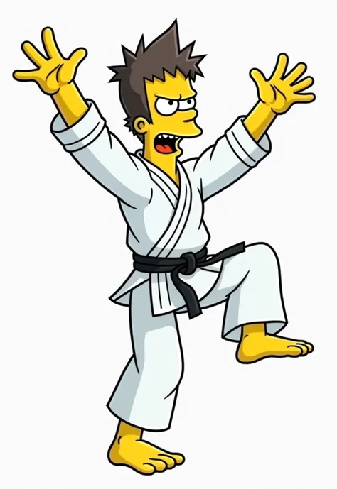  Bart Simpson dressed as Karate , Making the gesture of the crane .
