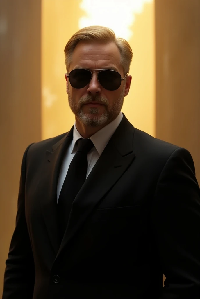 Create image man wearing black suit blond beard- with dark glasses security powerful mysterious Sun