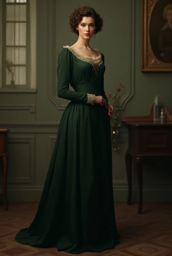  A woman with short curly hair  ( to the boy )But who wears a dress  ( dark green )  in the style of the second half of the nineteenth century 

