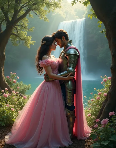 A Beautiful Sexy Brunette Princess Woman With A Beautiful Very Realistic Pink Dress In A Beautiful Very Realistic Forest And With A Beautiful Very Realistic Sexy Man With A Beautiful Armor Of A Very Realistic Prince In A Beautiful Very Realistic Forest And...