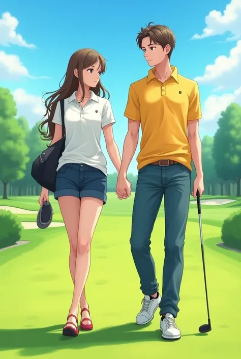 Anime Preppy boyfriend wearing a Massive Popped Collar Polo thats taller than his head while walking with with his Preppy Popped Collar girlfriend while playing Golf 