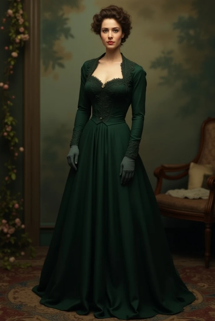  A woman with short curly hair  ( to the boy )But who wears a dress  ( dark green )  in the style of the second half of the nineteenth century 

