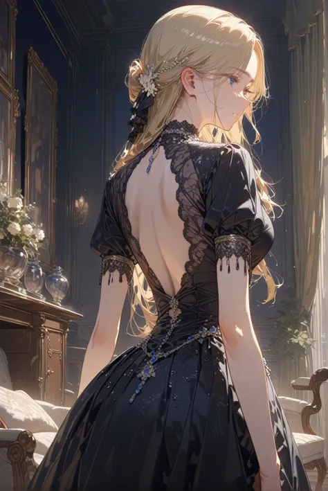 (Best quality、masterpiece、High resolution、detailed)、(Beautiful animation),1 female, blue eyes, long hair,High resolution,masterpiece, Top quality, High detail, smooth skin, 8k, Solo,Beautiful appearance, blonde hair,elegant,soft,25세 여성,the Victorian Renais...