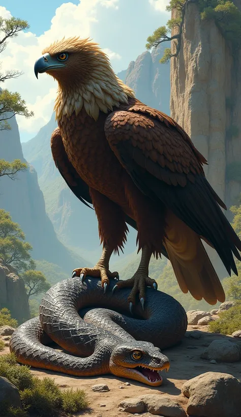 A dead bingal snake is lying on the ground and a prehistoric woolly Eagle is stan ding with one foot on top of the snake. Snake face was injured