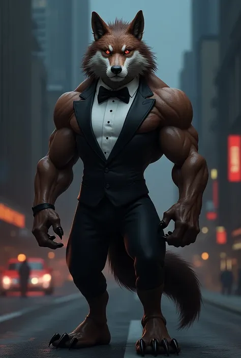 A hot werewolf furry anthropomorphic, brown amd white fur, tail, muscular, with tuxedo outfit, midnight city background, beautiful red eye, orange eyelashes, smirk, buff. 