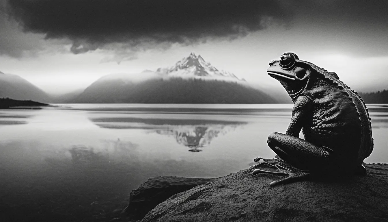 blackmetal style, xerox, black and white, cloudy black sky, central religious frog, mountains in the distance, fog, water below,