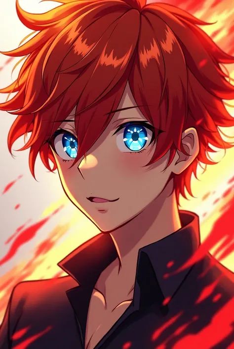 A young man.  His hair in a vibrant red shade , with a unique detail ,  in which some locks or tips of hair shine in gold ,  his eyes in electric and penetrating blue that radiates pure energy.  He has a red aura , like a flame.  anime character . 