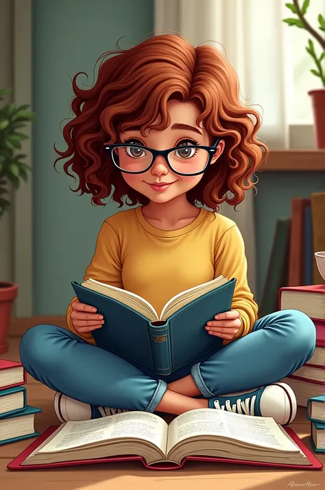  I need the cartoon of a girl with curly dark reddish hair,  brown skin , wearing glasses, Converse sneakers and jeans .  That Im sitting reading English books  