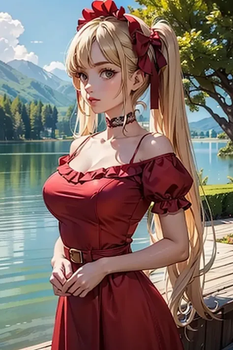 (masterpiece, best quality:1.2),illustration,8k,hd,1 girl,blonde hair,very long hair,solo,(collarbone:1.2),looking at viewer,twintails,
Chrismas G,red dress,short sleeves,puffy sleeves,lace-trimmed dress,frills,lace trim,dress bow,choker,frilled dress,bonn...