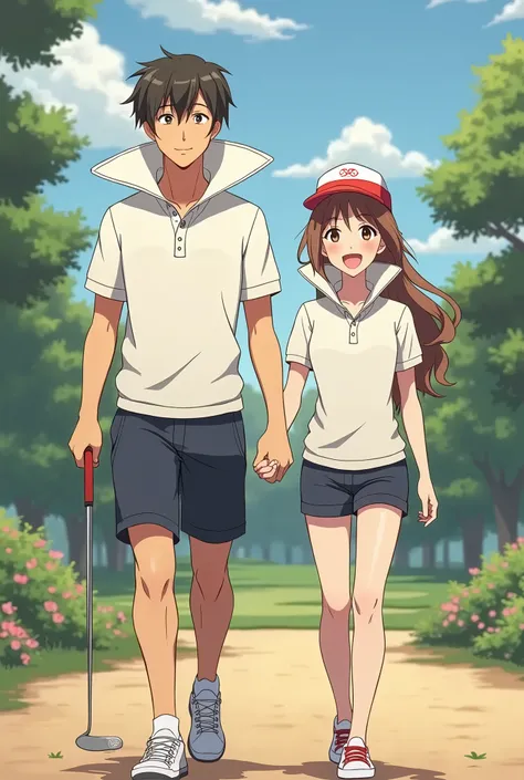 Anime Preppy boyfriend wearing a Massive Popped Collar Polo thats taller than his head while walking with with his Preppy Popped Collar girlfriend while playing Golf 