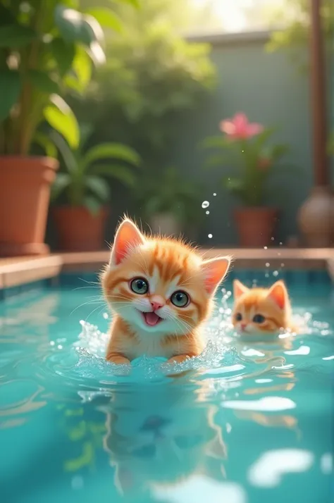 kitten swims in the pool with his friend