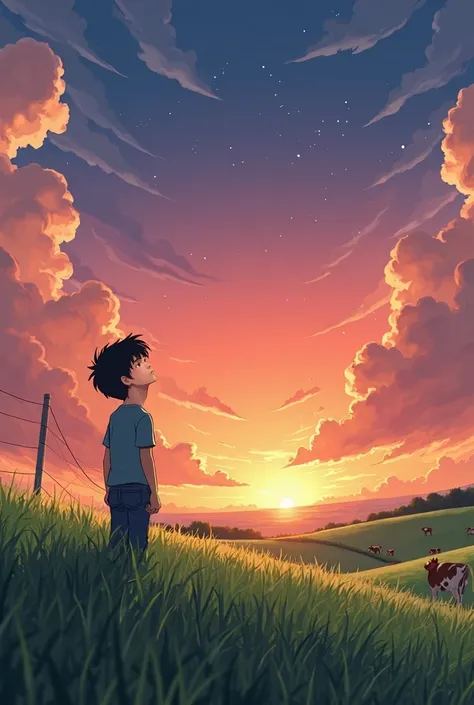 Male boy, black hair, blue t-shirt, denim pants, stands in a field, sunset, particle effects, cows in the distance, hes looking up into the sky, Wide frame, long shot (anime style, studio ghibli)