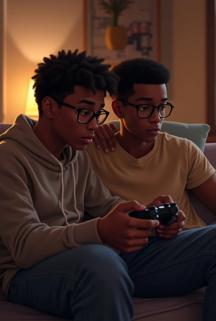  Young African-American man , homosexual with glasses ,  slightly effeminate playing video games while his boyfriend watches him