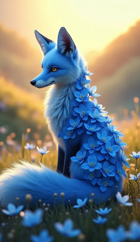 Image is a digital artwork showcasing a stylized, mythical fox composed entirely of vibrant blue orchids. The fox is depicted in a graceful pose, with its body adorned with intricately detailed orchid petals, giving it a whimsical and enchanting appearance...