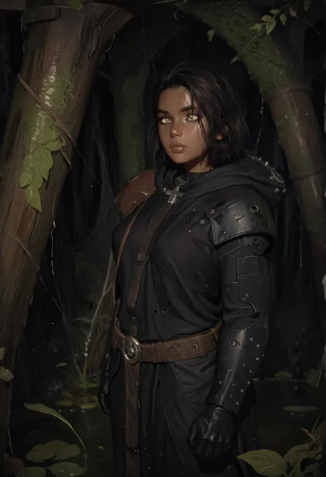 a young human woman of about 25 years of age with jet black short hair and dark skinned, with voluptuous body dressed in elegan adventurer garb suggesting she is a mage warrior in an evil looking swamp