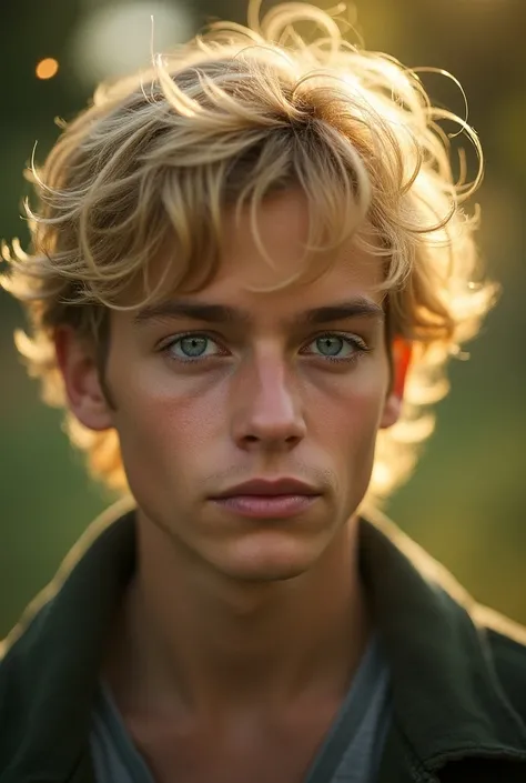 Beau Jeune homme blond avec aura hallo visible autour de lui entouré dune magnifique jeune fille blonde aux yeux bleus, dune magnifique jeune fille brune aux yeux verts, dun bel homme chatain, dun moine musclé jeune