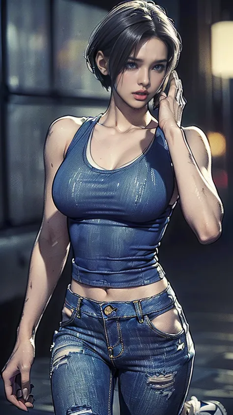 (one woman),(whole body:1.5),(front:1.5),(((jill valentine is standing:1,5))),((blue tank top:1.5)),((dirty jeans:1.5)),(black t...