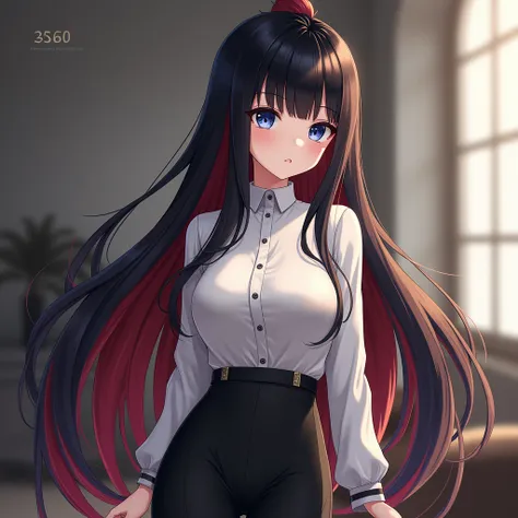  Female boy with high collar shirt ,  round busty .  in the house extremely long straight black hair with red highlights,  Tied hair with straight bangs ,  blue eyes ,  in tight leggings ,  white detail fabric , HD 256K 