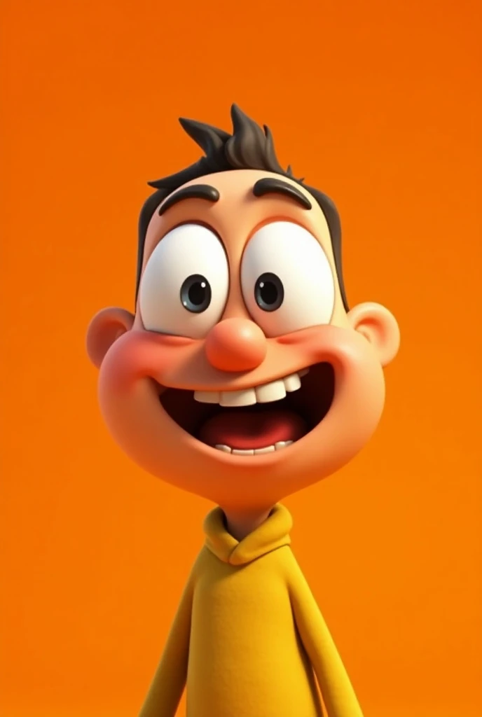 a close up of a cartoon character with a smile on an orange background, vinny vinegar sauce, in cartoon style, huge eyes, simple cartoon style , vinaigrette sauce, upper body 2d game avatar, caricature,  cartoon art style , avatar image, septic eye, cartoo...