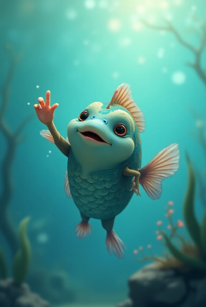 A fish with its right arm raised