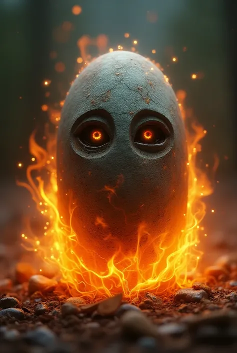 A stone that has eyes and is surrounded by fire 