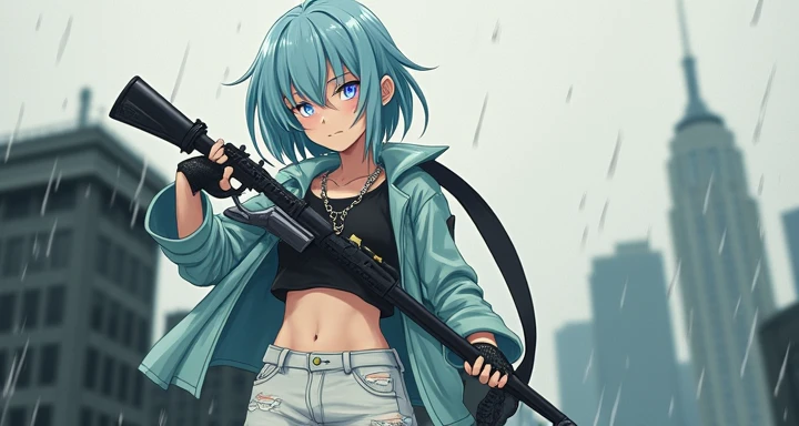  Create for me a girl in anime style with light blue ice colored hair like from the boy , she has a black hair strand and a bright blue glowing eye with the right dark blue she has a black short top on with a Ice-colored leather jacket over it and white pa...