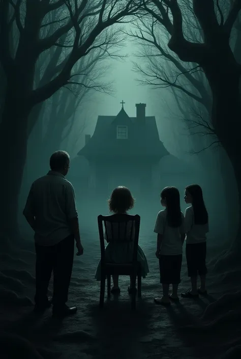 Create an image of 4 people in a dark forest , A middle-aged man, a boy, A middle-aged woman and a girl ,  in the background place an abandoned house ,  in front of the people place a porcelain doll sitting on a chair.