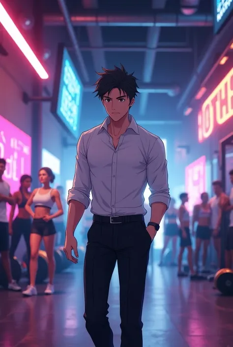 A man in a white shirt and black pants and black hair going to his first day at the anime-style gym