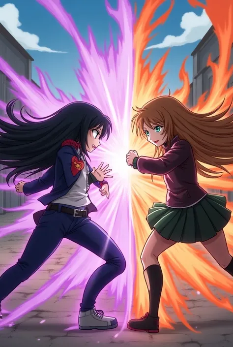 Screenshot from My Hero Academia of a girl with brown hair and green eyes and the other purple fighting with her gift half purple fire and half cement at the UA Academy 