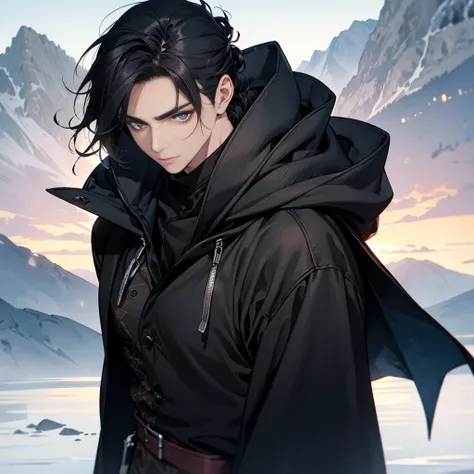 best quality, It has a very high resolution., รายละเอียด CG 4k, Masterpiece, best quality, close up, (1 young man ), Young man,wear black simple hood , Short black hair ((black hair)),Top knot hairstyles , blue eyes, Black shirt with hood((assassin dress))...