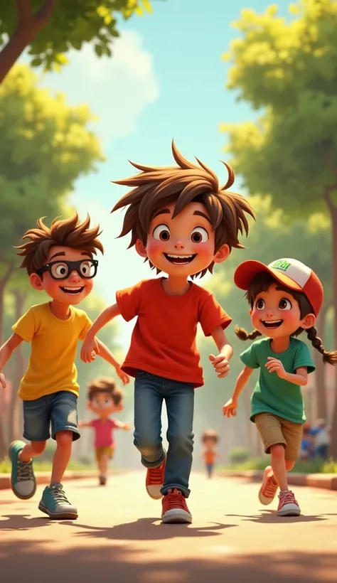 A sunny afternoon on a quiet street with a park nearby. Bunty, an energetic young boy with a bright smile, messy brown hair, and wearing a red t-shirt with jeans, confidently talks to a small group of friends. His friends, each distinct in style—one in a y...