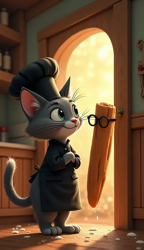 "Following the sugar trail, Chef Whiskers a gray cat wearing black apron and black chief hat finds a small door hidden behind the spice rack. Opening it reveals a tiny room where the Secret Ingredient Guardian, a wise cinnamon stick with glasses, floats in...