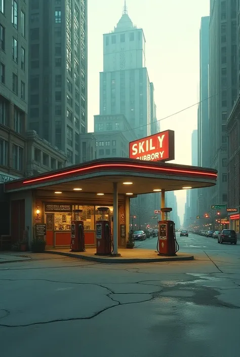 Empty gas station from the 70s in a city