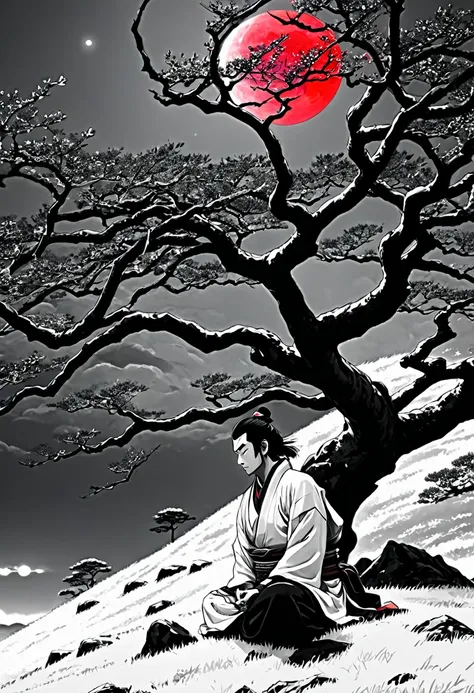 surreal theme, anime style, white fleecy hill, sprawling black and white tree,a samurai meditates under a tree , red neon moon i...