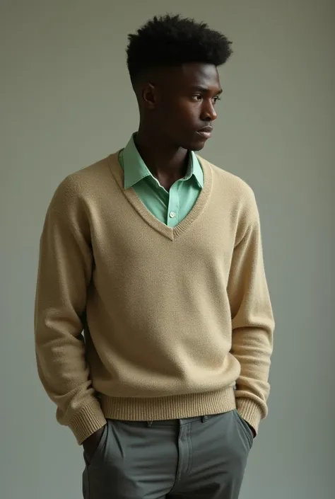 A darker young man with mint green classic shirt and beige  sweater over this shirt and grey p
ants