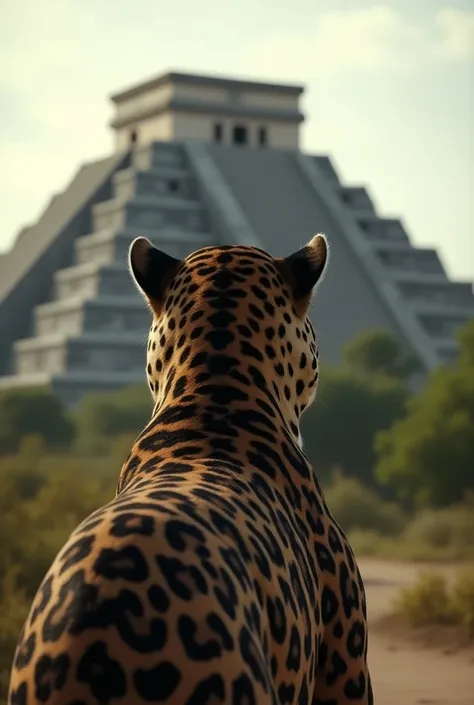 I want a super realistic jaguar , From behind you can see Aztec pyramids that are sharp and super ultra realistic with the eyes of a living jaguar that you can see every hair on its body 