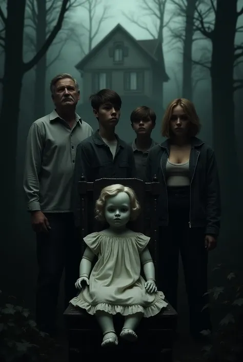 Four people in a dark forest, A middle-aged man, a boy, a middle-aged woman and a ,  in the background place an abandoned house ,  in front of the people place a porcelain doll sitting on a chair.