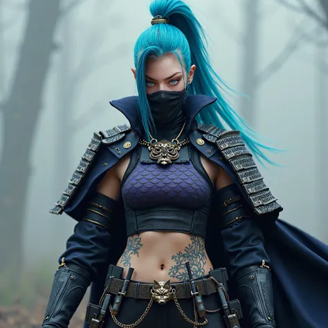 A samurai warrior with an intense, challenging gaze. Her blue eyes, outlined with dark eyeliner, convey determination and coldness. Her face is partially covered by a dark mask, leaving only her eyes and part of her jaw visible. Her electric blue hair is t...