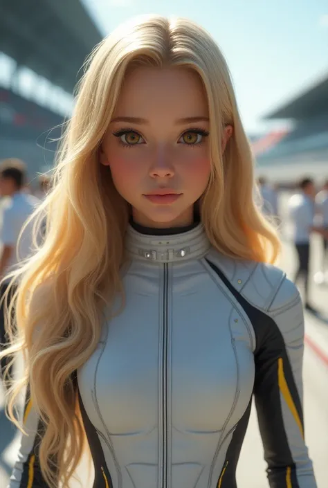 Brown-eyed blonde princess wearing Formula E outfit
