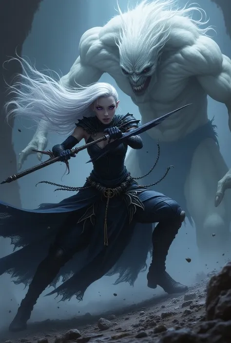 The Dark Elf Drow . purple eyes .  white long hair .  Fights a white monster 