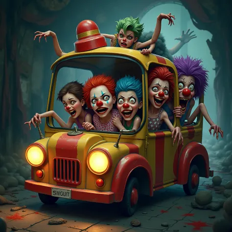 (high quality,fine workmanship:1.2),detailed,cartoonish clown car filled with frightened girls,realistic,striking colors,moody lighting,terrified expressions,red noses and painted faces,circus theme,spooky atmosphere,scared girls holding each other tightly...