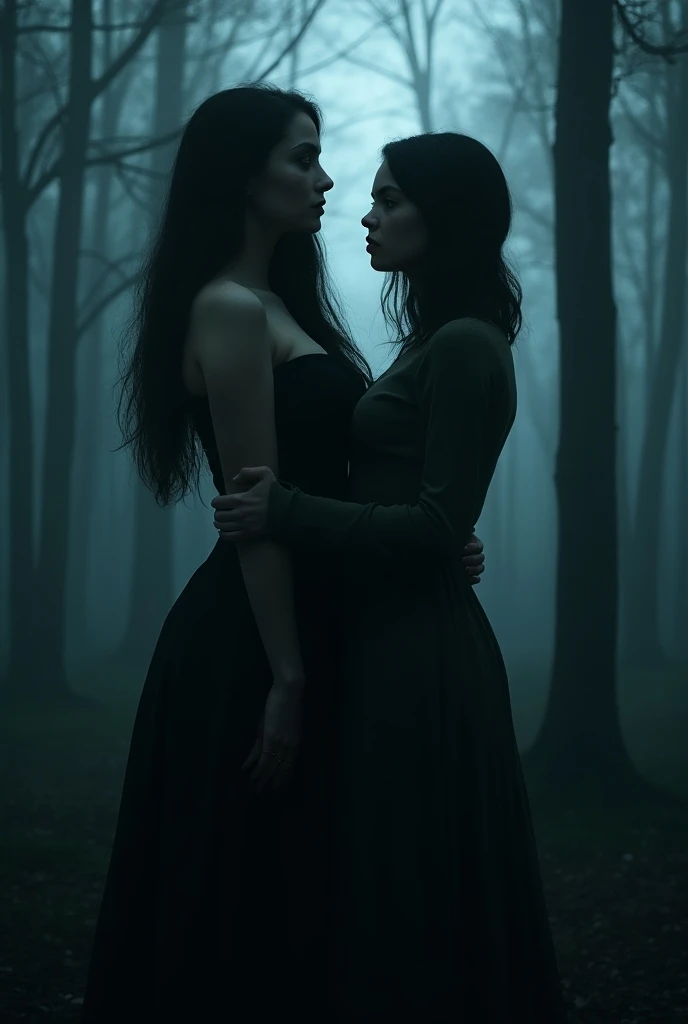 female,  27 year old black long hair ,  big breasts brown eyes together mot their best friend, female 28 years ,  black hair up to the shoulder , green blue eyes .  standing in a dark forest , In the fog at night .  Both are dressed in dark .