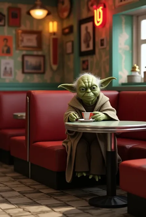 Master yoda having cofee on a vintage dinner place