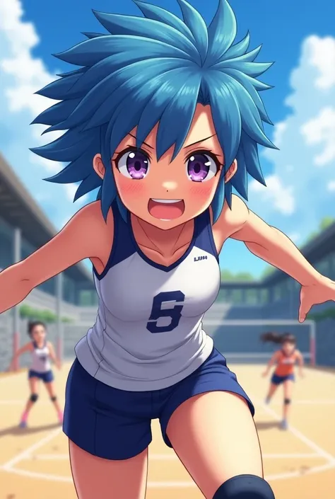 1 girl, solo, breasts, smiling, open mouth, short hair, blue eyes, blue hair, purple eyes, volleyball outfit, date, knee pads, spiked hair, bloomers