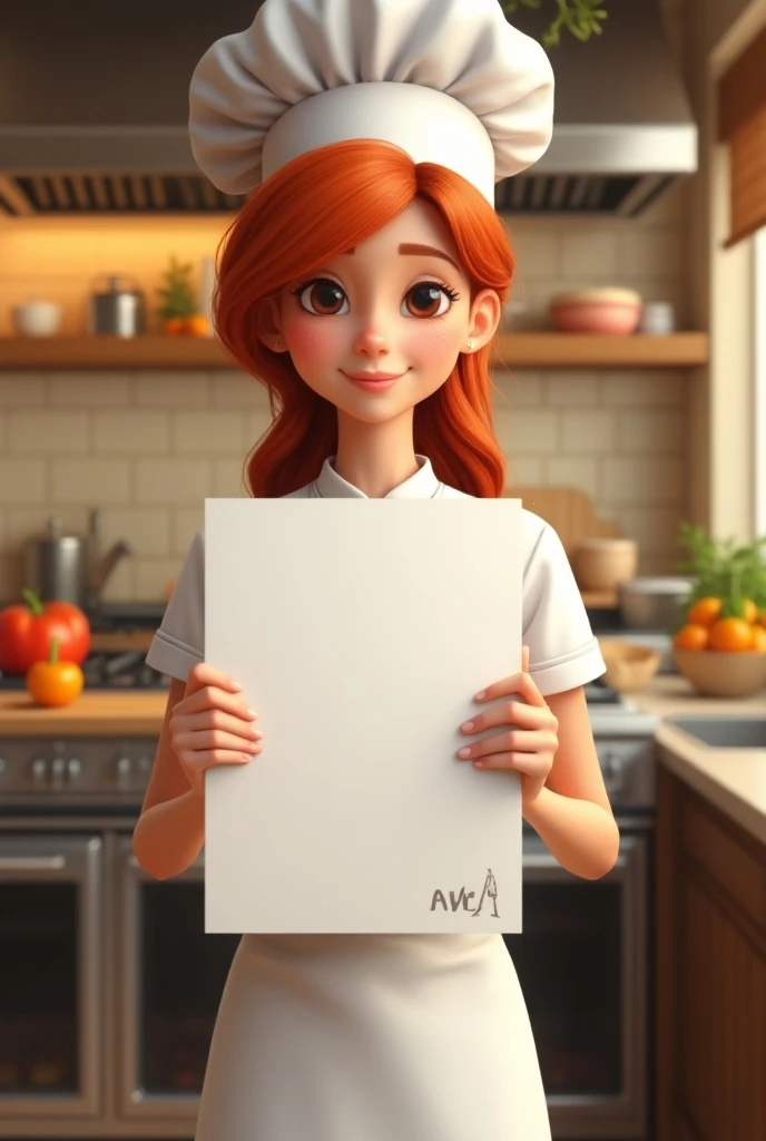 A redheaded teenager dressed as a chef  ,  who is holding a white Pixar style menu in her hand 