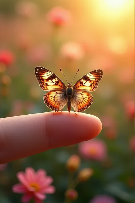 A delicate butterfly resting on a fingertip, with vibrant and intricate wing patterns, against a warm, blurred garden backdrop with flowers and soft sunlight.”