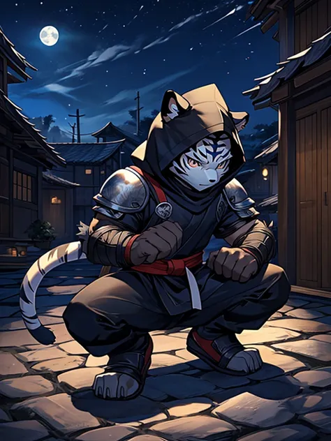  Kogenta, furry white tiger,Little boy,  wearing a black ninja costume ,Leather Armor, Wearing a hood，PROTECTIVE MASK ,Masked, karate, IN A MEDIEVAL VILLAGE IN THE DARK NIGHT,On the roof ,bend over, ,  crouching on one knee , , shadow, .Full body picture,