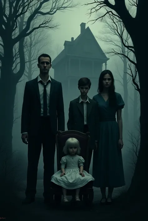 Four people in a dark forest, a middle aged father ,  a teenage son ,  a middle aged mother and a teenage daughter,  in the background place an abandoned house ,  in front of the people place a porcelain doll sitting on a chair.